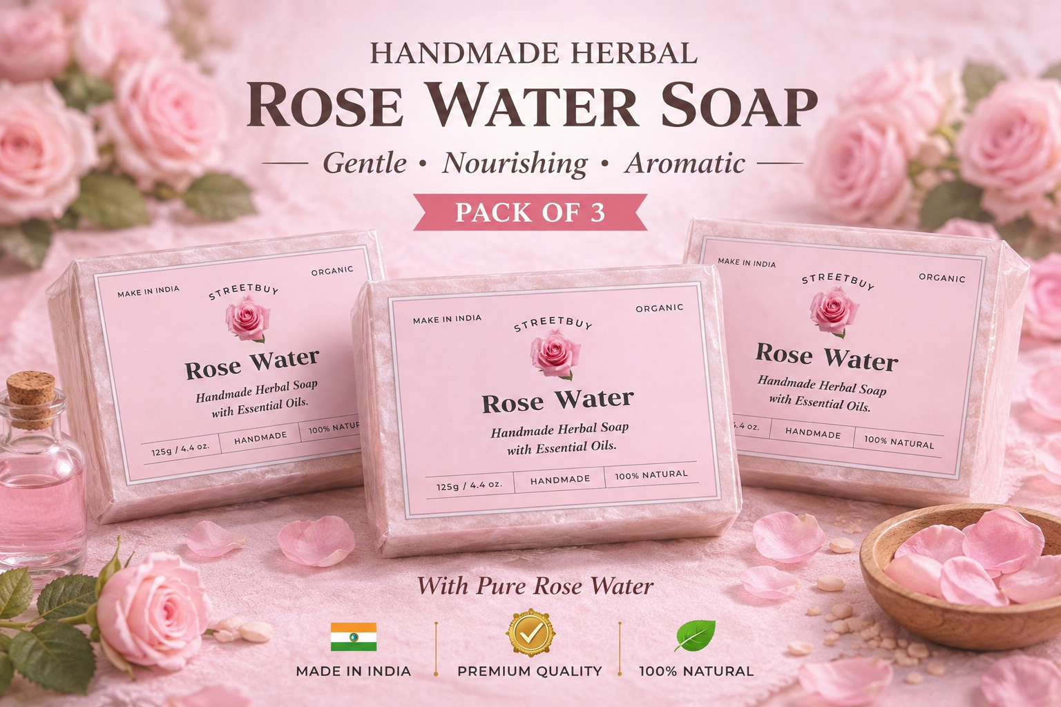 Streetbuy Handmade Rose Water Soap | Naturally Crafted for Everyday Care | 125g | Pack Of 3 - Image 2