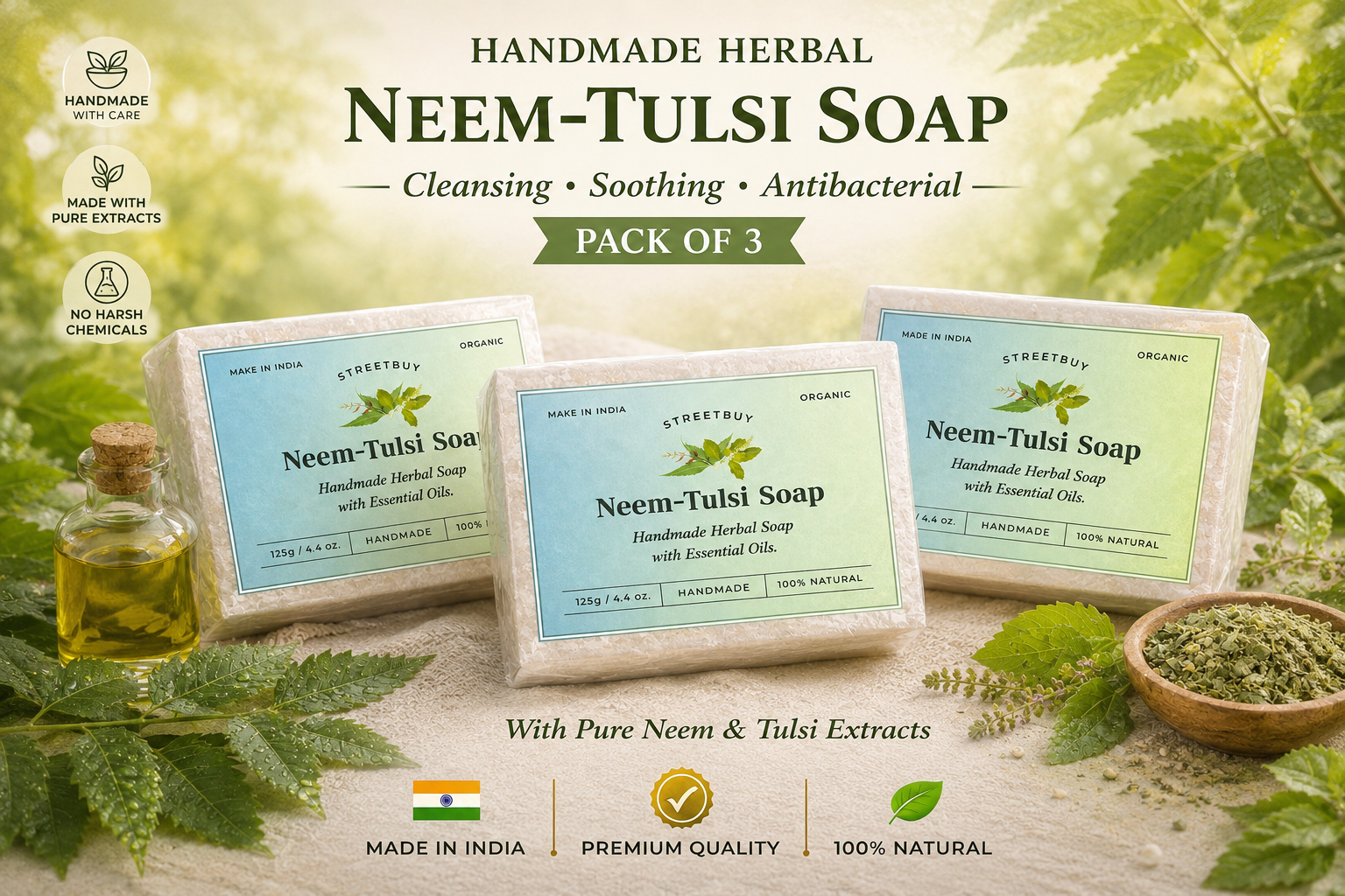 Streetbuy Handmade Neem Tulsi Soap | Naturally Crafted for Everyday Care | 125g | Pack Of 3 - Image 2