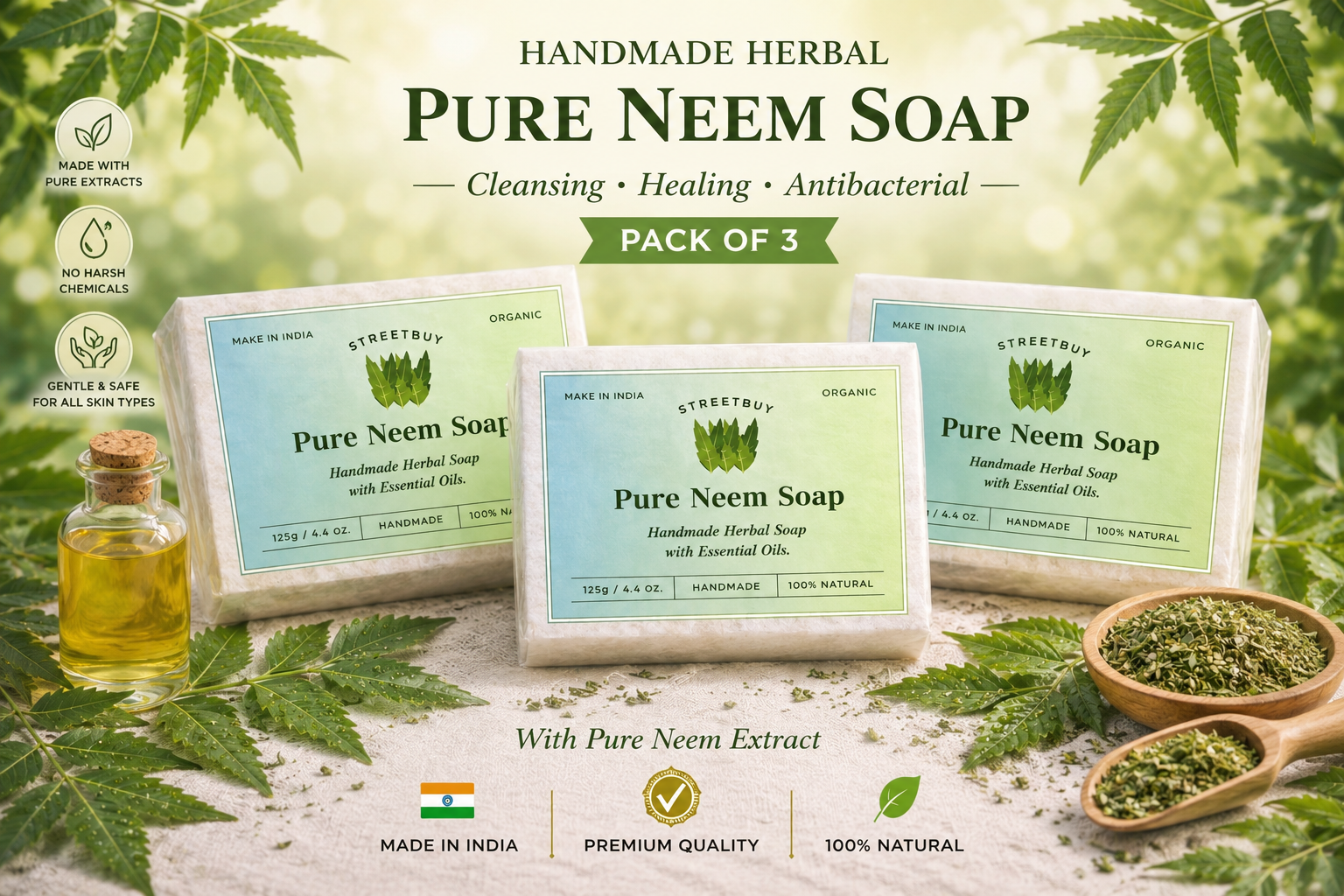 Streetbuy Handmade Neem Soap | Naturally Crafted for Everyday Care | 125g | Pack Of 3