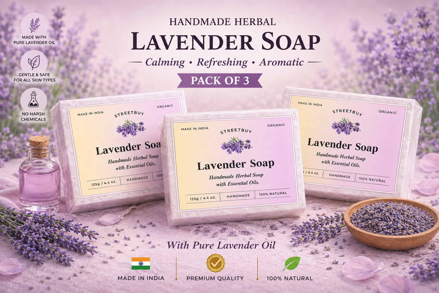 Streetbuy Handmade Lavender Soap | Naturally Crafted for Everyday Care | 125g | Pack Of 3 - Image 2