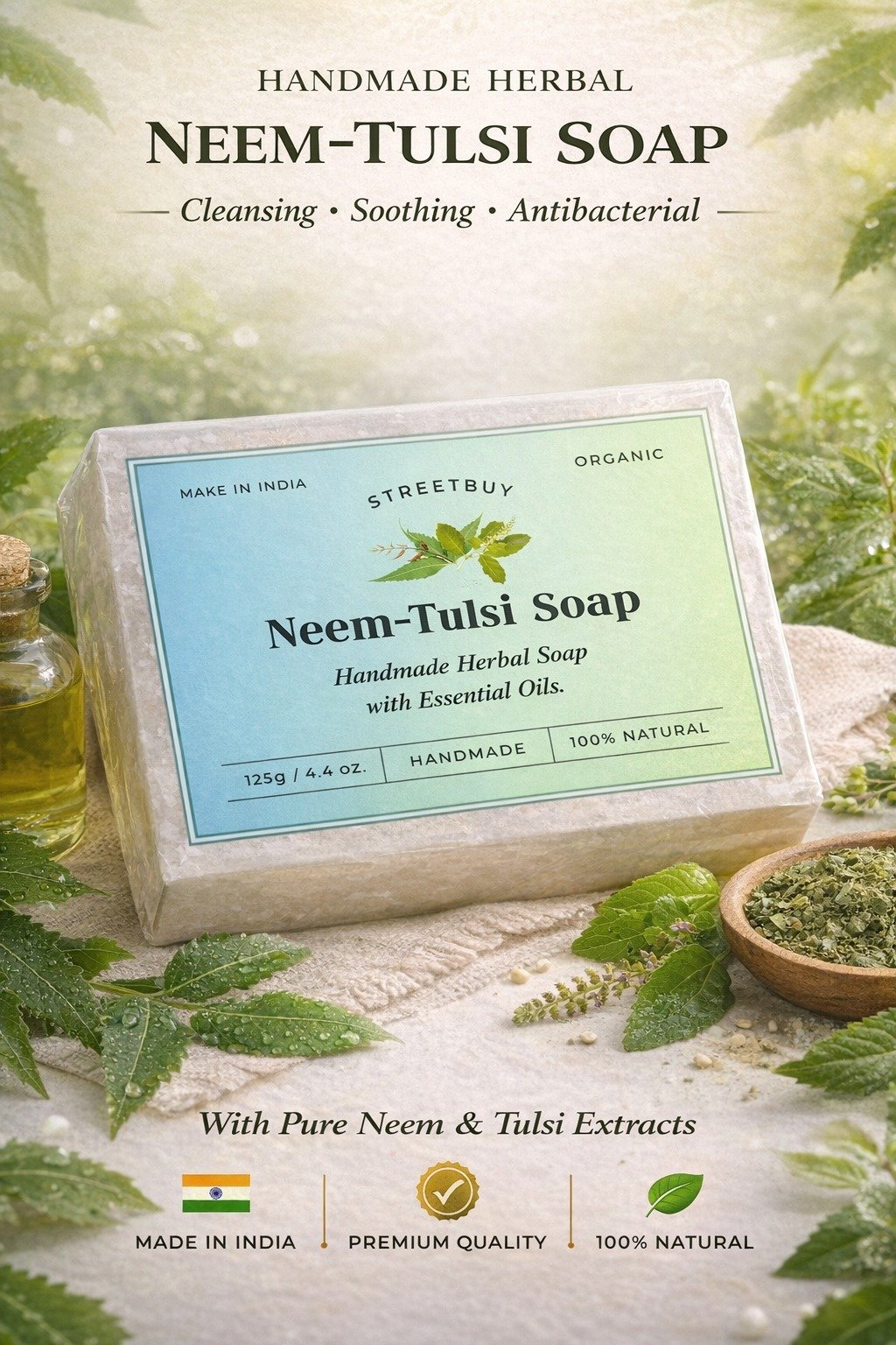 Streetbuy Handmade Neem Tulsi Soap | Naturally Crafted for Everyday Care | 125g | Pack Of 3