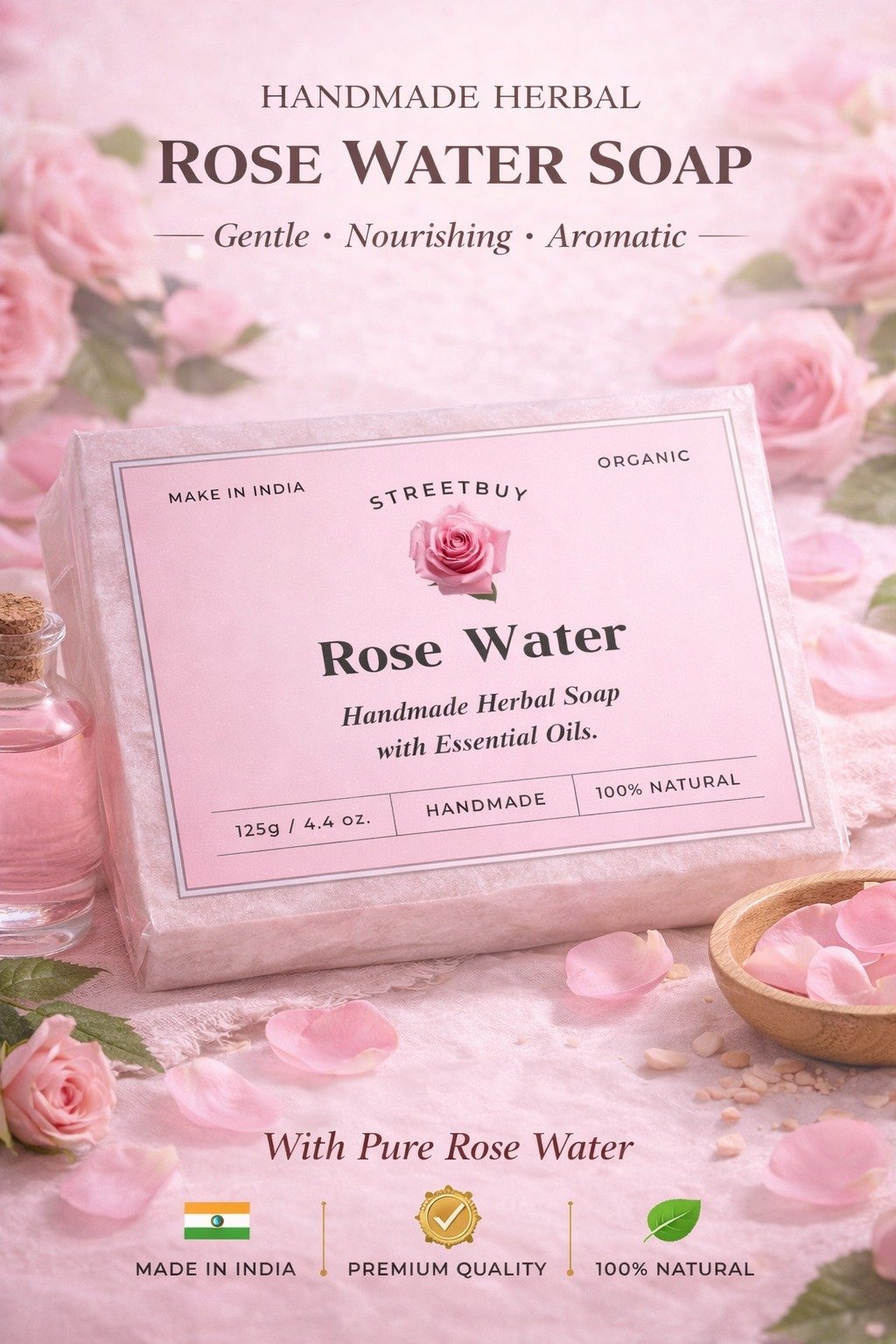 Streetbuy Handmade Rose Water Soap | Naturally Crafted for Everyday Care | 125g | Pack Of 3