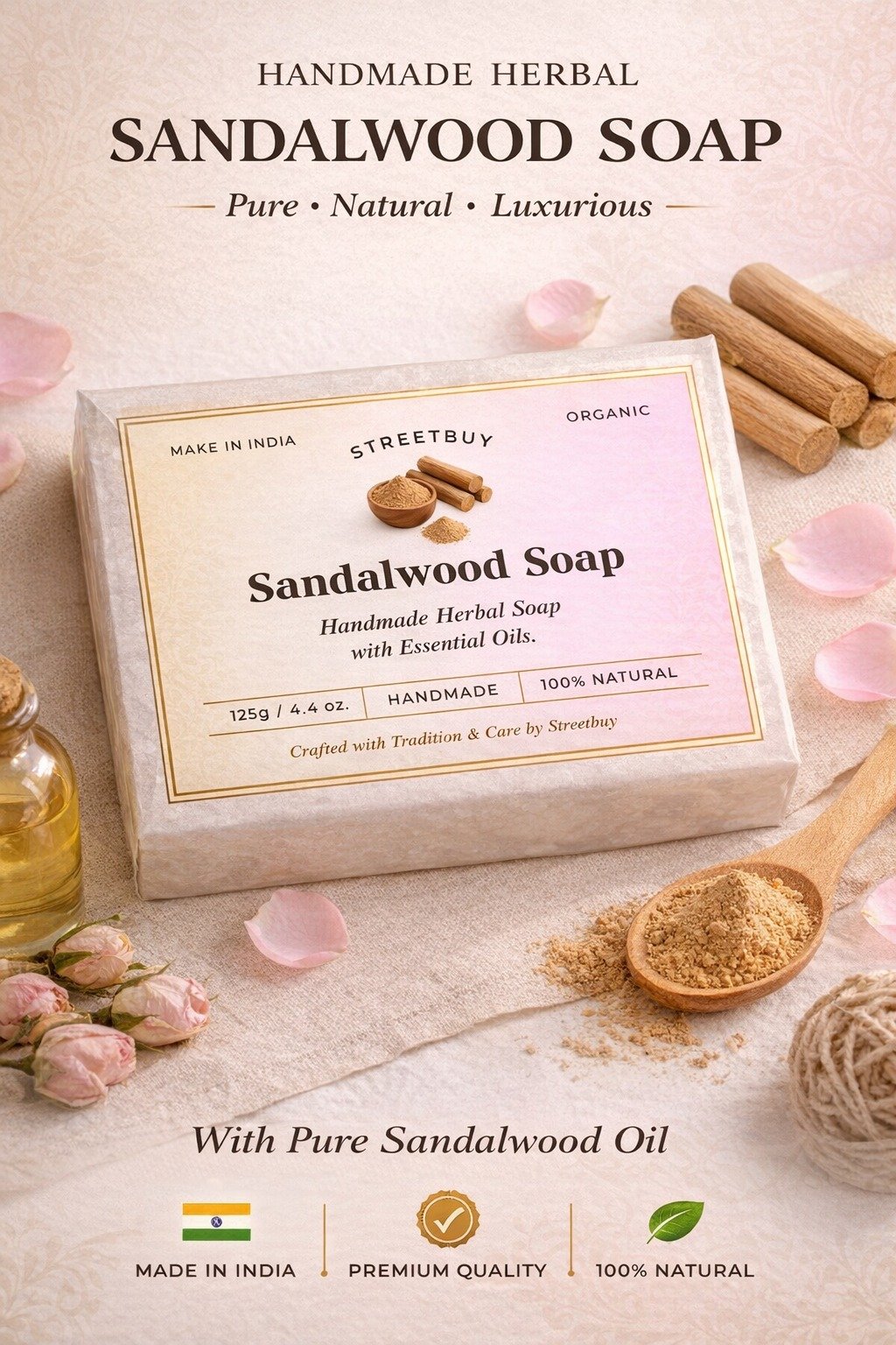 Streetbuy Handmade SandalWood Soap | Naturally Crafted for Everyday Care | 125g | Pack Of 3
